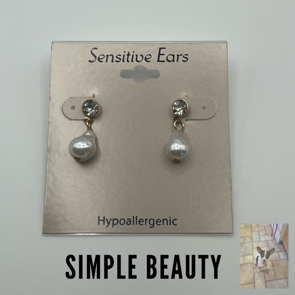 New Sensitive Ears Faux Pearl and Crystal Pierced Dangle Earrings